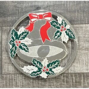 Vintage Holiday Bell Trivet WM A ROGERS LTD Bow Holly 8"‎